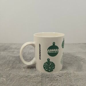 Starbucks 2016 Holiday Green Ornaments Ceramic Coffee Mug 12oz White Cup
